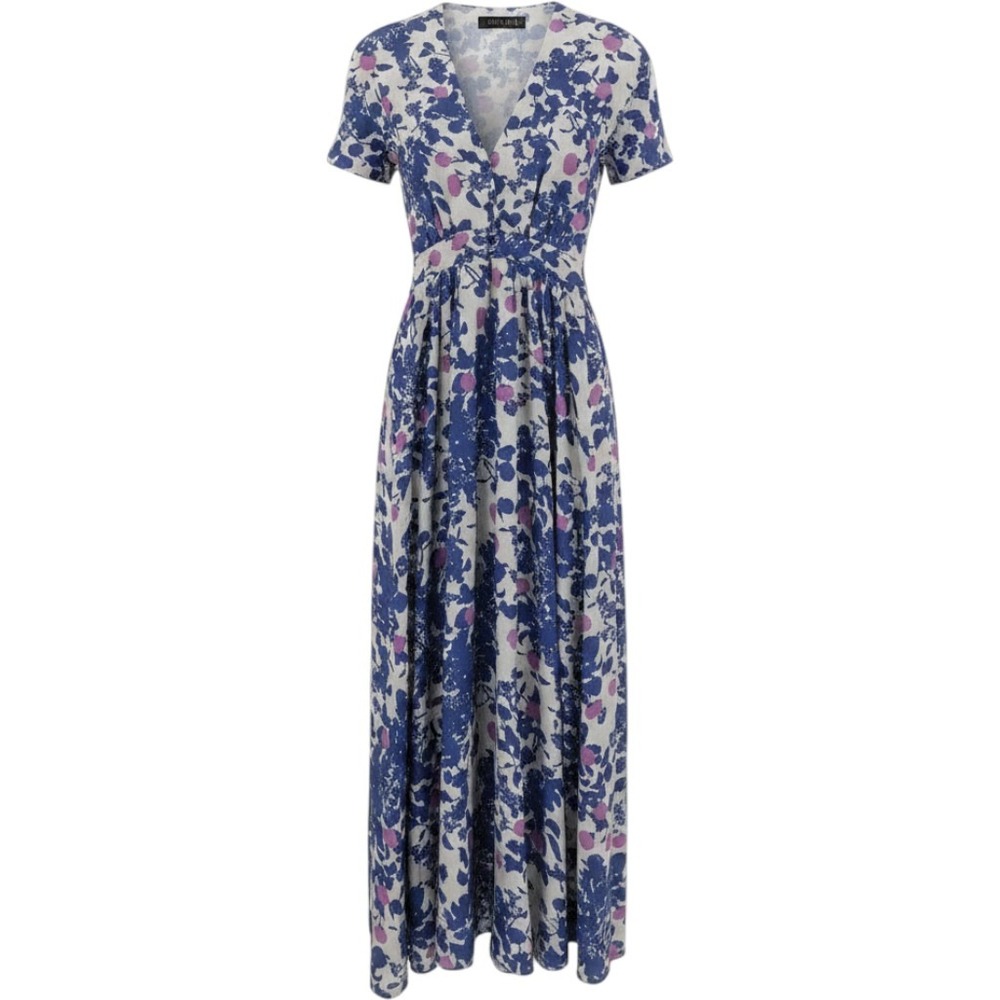Christy Dawn Floral Maxi Dress Blue Purple V-Neck Button Front Short Sleeve XS